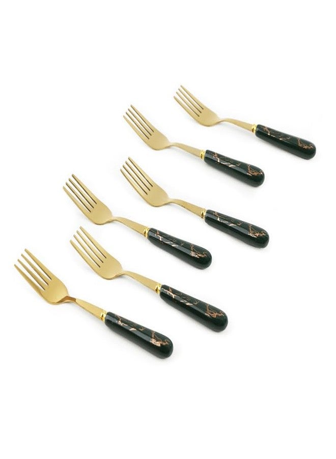MGeezz Stainless Steel Golden Small Fork Set for Home Kitchen Cutlery Dinner Table with Green Ceramic Handle Design Salads and Fruit Fork (Golden 6 Small Forks - 14.5cm) - Image 1